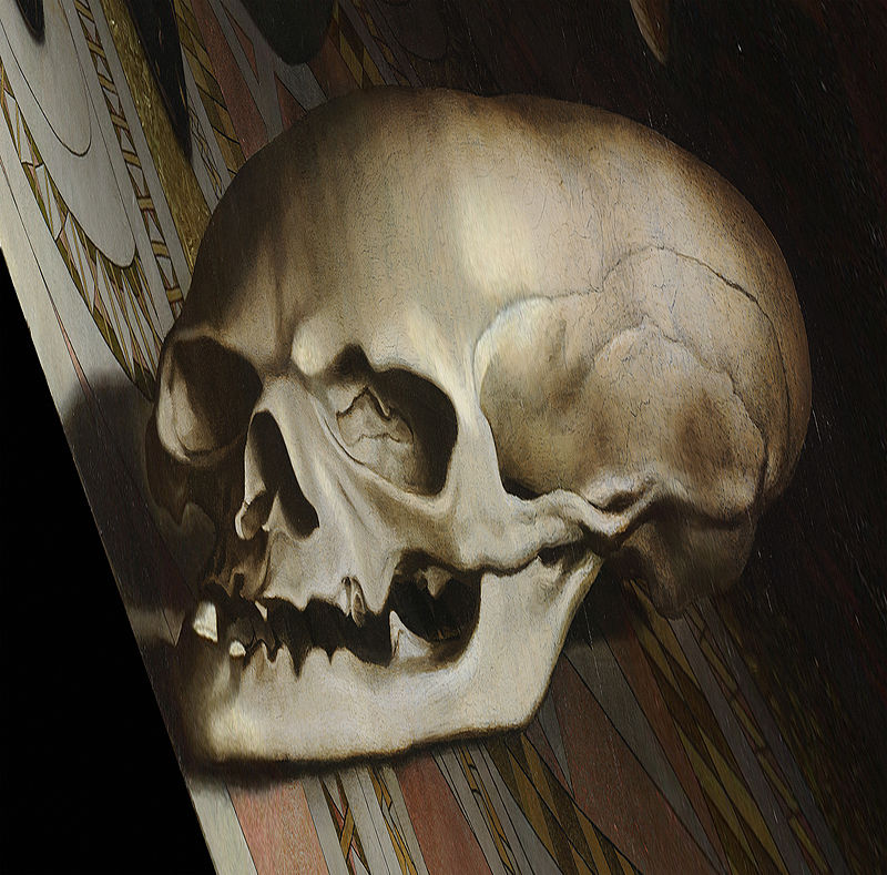 <strong>Fig. 5</strong>. The anamorphic skull as restored in 1998, viewed here at an oblique angle from The Ambassadors by Hans Holbein the Younger (Image credit: The National Gallery, UK)